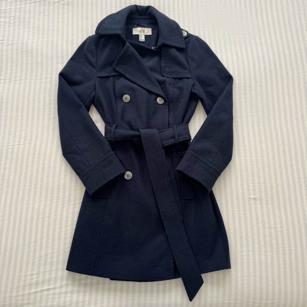 Navy blue wool blend belted pea coat with polka dot interior